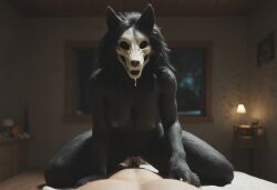 ai_generated anthro anthro_on_human anthropomorphic beautiful bedroom big_breasts black_fur black_hair breasts breeding_request cowgirl_position cum_in_pussy cumshot female fluffy_tail fur furry furry_only impregnated impregnation_request in_heat intercourse interspecies inviting_to_sex looking_at_viewer mal0 scp scp-1471 scp_foundation seductive seductive_look seductive_smile sexy sexy_body sexy_pose tits_out wet_pussy white_eyes wolf wolf_ears wolf_girl wolf_humanoid