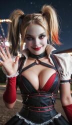 1female 1girls ai_generated amusement_park animated big_breasts blonde_hair bouncing_breasts breast_jiggle bursting_breasts cleavage clothed clothed_female clothing colored_hair corset dc dc_comics dress dyed_hair elbow_gloves female female_only harley_quinn jiggle jiggling_breasts lipstick multicolored_hair night photorealistic realistic red_lipstick solo solo_female stable_diffusion tagme twintails video walking