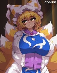 1girls artist_name big_breasts blonde_hair breasts clothed_female female fox_girl hat kitsune light-skinned_female looking_to_the_side multi_tail namako_daibakuhatsu_(style) pixel_art ran_yakumo seireiart smile solo solo_female style_imitation takorin_style touhou watermark yellow_eyes yellow_hair