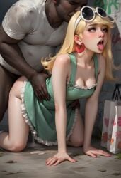 1boy 1girls ahe_gao ai_generated all_fours blonde_female blonde_hair cum_drip cum_dripping_from_pussy cum_in_pussy dark-skinned_male interracial leni_loud light-skinned_female sex_from_behind the_loud_house tongue_out
