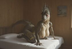 ai_generated anthro anthropomorphic beautiful bedroom big_breasts breasts breeding_request dinosaur dinosaur_girl female furry furry_only in_heat inviting_to_sex looking_at_viewer monster_girl raptor scales scalie scalie_female scalie_only seductive seductive_look seductive_smile sexy sexy_body sexy_pose tits_out velociraptor wet_pussy