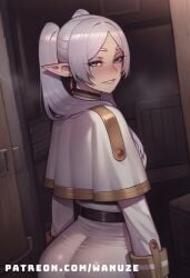 ai_generated big_ass big_butt big_thighs blush capelet elf frieren from_behind from_behind_position green_eyes huge_ass huge_butt huge_thighs small_breasts sousou_no_frieren wanuze white_hair wide_hips