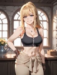 1girls ai_generated bangs bare_arms bare_shoulders blonde_hair blue_eyes breasts brokewyt brown_gloves cleavage clothes_around_waist collarbone cowboy_shot crop_top earrings female flower fullmetal_alchemist gloves grin hand_on_hip indoors jewelry large_breasts long_hair looking_at_viewer midriff navel necklace pants ponytail shirt sidelocks sleeveless smile solo standing stomach thighs uncensored white_pants window winry_rockbell