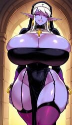 ai_generated cross_necklace elf elf_ears gigantic_breasts huge_ass lingerie manaworld nun_outfit pov purple_skin syx