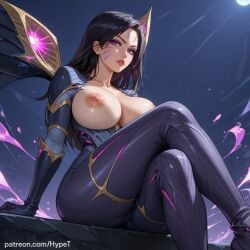 ai_generated alternate_version_at_source black_hair bodysuit breasts breasts_out crossed_legs hypet kai'sa league_of_legends long_hair medium_breasts purple_eyes shiny_skin sitting solo suit tagme tight_clothing