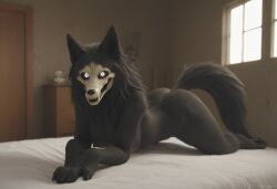 ai_generated anthro anthropomorphic beautiful bedroom big_breasts black_fur black_hair breasts breeding_request female fluffy_tail fur furry furry_only in_heat inviting_to_sex looking_at_viewer mal0 scp scp-1471 scp_foundation seductive seductive_look seductive_smile sexy sexy_body sexy_pose tits_out wet_pussy white_eyes wolf wolf_ears wolf_girl wolf_humanoid