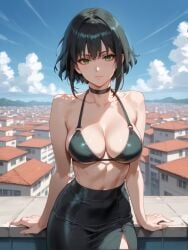ai_generated bangs bare_shoulders bikini bikini_top_only black_bikini black_hair black_skirt blue_sky breasts brokewyt cleavage closed_mouth cloud collarbone cowboy_shot day female green_eyes large_breasts looking_at_viewer navel outdoors pencil_skirt short_hair side_slit skirt sky solo swimsuit