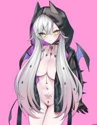 1girls absurdres areola_slip black_hoodie blush breasts cleavage demon_wings fate/grand_order fate_(series) female female_only green_eyes highres hood hoodie jacket large_breasts lilth(fate) long_hair looking_at_viewer nagine naked_jacket navel no_panties ordeal_call_servant_(female) pink_background pointy_ears pubic_tattoo smile solo tattoo thighs twintails white_hair wings
