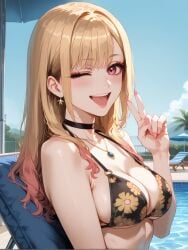 ;d ai_generated bangs bare_shoulders bikini black_bikini black_choker blonde_hair blue_sky blush breasts brokewyt choker cleavage collarbone colored_tips day ear_piercing earrings female fingernails floral_print gradient_hair jewelry kitagawa_marin large_breasts long_fingernails long_hair looking_at_viewer medium_breasts multicolored_hair nail_polish necklace o-ring one_eye_closed open_mouth outdoors piercing pink_nails pool poolside print_bikini red_eyes sky smile solo sono_bisque_doll_wa_koi_wo_suru string_bikini swept_bangs swimsuit teeth umbrella uncensored upper_body upper_teeth_only v water wet