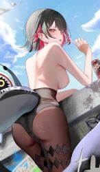 1girls argyle artist_signature back_view bangboo_(zenless_zone_zero) black_hair blue_sky breasts dr_pepper earrings ellen_joe female female_only graffiti kabu_usagi knock_off_brand leaning_forward legwear legwear_only licking_lollipop light-skinned_female light_skin lollipop looking_at_viewer looking_back nipple open_mouth pantyhose red_eyes red_hair seagull shark shark_costume shark_girl shark_tail short_hair soda soda_can solo solo_focus standing tongue_out topless zenless_zone_zero