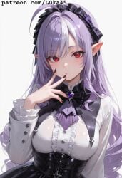 ai_generated black_nails breasts female long_hair luka45 medium_breasts mihoyo patreon patreon_reward patreon_url patreon_username pointy_ears purple_eyes red_eyes simple_background very_long_hair vivian_(zenless_zone_zero) white white_shirt zenless_zone_zero