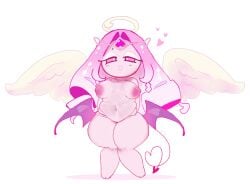 chubby_belly chubby_female cookie_run cookie_run_kingdom cute cute_face eternal_sugar_cookie female female_focus holding_own_belly magpiered oiled_skin squishing_belly tail thick_thighs wings