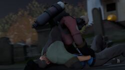 ass booty butt_crush dominant_female dubious_consent facesitting fempyro gas_mask halloween outdoors pyro_(team_fortress_2) pyro_enthusiast rule_63 scout_(team_fortress_2) sfm smothering team_fortress_2 zombie