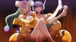 2girls bare_legs bare_shoulders black_hair black_skirt blue_eyes blue_hair boots breasts breasts_out coat edit edited elesa_(pokemon) elesa_(pokemon_bw2) female female_only gray_top hair_ornament headgear headphones headwear human iono_(pokemon) long_hair looking_at_viewer miniskirt multiple_girls nanjamo nanjamo_(pokemon) nintendo nipples no_bra nude pink_eyes pink_hair pokemon pokemon_bw pokemon_bw2 pokemon_sv robbydniero scarf short_hair skirt stockings thick_thighs topless vivivoovoo white_boots white_stockings wink winking winking_at_viewer yellow_coat