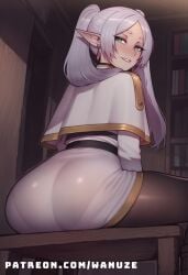ai_generated big_ass big_butt big_thighs blush capelet elf frieren from_behind from_behind_position green_eyes huge_ass huge_butt huge_thighs pantyhose sitting small_breasts sousou_no_frieren wanuze white_hair wide_hips