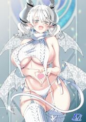1girls blush breasts demon demon_girl demon_horns duel_monster earrings female heart konami labrynth_of_the_silver_castle legwear lingerie looking_at_viewer lovely_labrynth_of_the_silver_castle navel open_mouth seductive seductive_smile sexy silver_eyes smile solo tail tama_amata twintails white_hair wings yu-gi-oh!