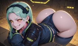 ai_generated aqua_hair artificial_eye ass ass_bigger_than_head black_jacket blush breasts colored_sclera colored_skin cyborg female green_hair grin hairband headgear huge_ass jacket long_hair long_sleeves looking_at_viewer mechanical_eye panties patreon_username rebecca_(edgerunners) red_eyes red_pupils red_sclera smile solo tattoo teeth thick_thighs thighhighs thighs underwear white_skin