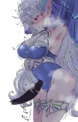1boy armpits blue_leotard breasts censored cowboy_shot disembodied_penis duel_monster female grey_hair half-closed_eyes hayupipipipi highres imminent_penetration kitkallos_(yu-gi-oh!) large_breasts leotard long_hair male penis pointy_ears simple_background solo_focus tearlaments_kitkallos trembling veil white_background yu-gi-oh!