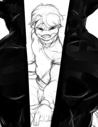 anthro bottomwear claws clean_cut clothing death duo fight fighting_pose hair looking_at_viewer male mammal membrane_(anatomy) monochrome mustelid otter pandottermon pants parker_(pandottermon) pose shirt simple_background sliced topwear webbed_hands white_background
