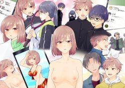 2girls 3boys beach bikini black_hair blue_hair blush breasts brown_hair cellphone female genderswap_(mtf) glasses green_eyes highres holding_hands implied_sex looking_at_another looking_at_viewer male medium_breasts medium_hair multiple_boys multiple_girls multiple_views nipples open_mouth original phone ponponsoro ponytail racket red_bikini red_eyes rule_63 school_uniform smartphone swimsuit tennis_racket twintails