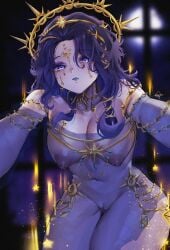 1girls ada_mesmer areolae big_breasts breasts choker crown dark_blue_hair dress female headwear identity_v jewelry lipstick long_hair looking_at_viewer makeup nartless navel necklace nipples purple_eyes pussy see-through see-through_clothing see-through_dress shaved_pussy solo standing