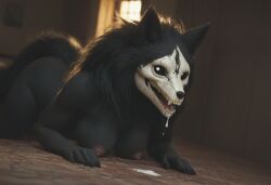 ai_generated anthro anthropomorphic beautiful bedroom big_breasts black_fur black_hair breasts breeding_request cum_dripping_from_mouth cumshot female fluffy_tail fur furry furry_only impregnation_request in_heat inviting_to_sex looking_at_viewer mal0 scp scp-1471 scp_foundation seductive seductive_look seductive_smile sexy sexy_body sexy_pose tits_out wet_pussy white_eyes wolf wolf_ears wolf_girl wolf_humanoid