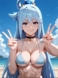 :q ai_generated aqua_(konosuba) bangs bare_shoulders beach bikini black_choker blue_bikini blue_eyes blue_hair blue_sky blush breasts brokewyt choker cleavage closed_mouth cloud collarbone day double_v female hair_between_eyes hair_ornament hair_rings hands_up kono_subarashii_sekai_ni_shukufuku_wo! large_breasts long_hair looking_at_viewer o-ring o-ring_bikini ocean outdoors sky smile solo string_bikini swimsuit tongue tongue_out uncensored upper_body v water
