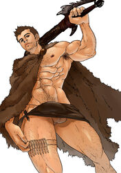 1boy abs almost_naked animal_skin armpits balls balls_out bara barely_visible_genitalia belly_button biceps big_muscles body_hair brown_cape brown_hair bulge bullet cape cape_only cloak facial_hair hairy hairy_armpits hairy_chest hairy_legs hairy_male hairy_thighs happy_trail holding_object holding_sword holding_weapon human human_only inmomakuro legwear loincloth looking_at_viewer looking_down low-angle_view male male_focus male_only mature mature_male muscles muscular muscular_male navel nipple_piercing pecs penis perineum pink_lips pubic_hair six_pack solo solo_focus solo_male sword thick_thighs warrior white_background