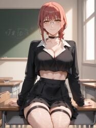 1girl ai_generated bangs black_choker black_shirt black_skirt braid breasts brokewyt chainsaw_man chair chalkboard choker classroom cleavage closed_mouth collarbone collared_shirt crop_top desk female fishnet_thighhighs fishnets glasses high-waist_skirt indoors large_breasts long_hair long_sleeves looking_at_viewer makima makima_(chainsaw_man) midriff miniskirt navel on_desk pleated_skirt red_hair school_desk shirt shirt_tucked_in sidelocks sitting skirt smile solo sunlight thighhighs thighs uncensored window yellow_eyes zettai_ryouiki