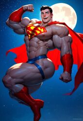 abs ai_generated ass ass bara bara_tiddies bara_tits biceps big_ass big_butt big_muscles big_pecs big_thighs black bubble_ass bubble_butt bulge cape clark_kent dc dc_comics defined_muscles flexing flexing_arms flexing_bicep flying hair harness human human_only jockstrap looking_at_viewer male male_focus male_only moon muscles muscular muscular_legs muscular_male muscular_thighs night obliques pecs revealing_clothes sky slutty_clothes superhero superman superman_(series) yaoi