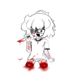 blood blood_on_clothing blood_on_face blush bodily_fluids bone clothed clothing cutting_self female gesture gore hanyueyun happy hi_res human humanoid knife leg_scar looking_at_viewer mammal mental_illness neck_scar not_furry scar self-harm self-harm_scars severed_body_part severed_leg severed_limb shadow_face solo tears underwear vent_art