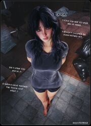 barefoot black_eyes dark_hair dirty female female_focus female_only gamer_girl hair hair_on_shoulders large_hair looking_at_viewer maxsterbrge shorts shy smelly surprised text tomboy trash_bag