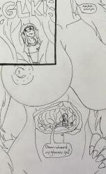 absurd_res anthro big_breasts breasts cutaway duo dylanaildon_no_2 eyewear female forest_spirit glasses hair hand_on_hip hi_res huge_breasts human humanoid humor inside_stomach inside_throat long_hair macro male male/female mammal mammary_glands micro navel nipples onomatopoeia profanity sitting sound_effects speech_bubble swallowing text tirisk_(dylanaildon_no_2) toby_(dylanaildon_no_2) vore