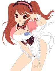 1girls absurdres areolae asahina_mikuru breasts brown_eyes brown_hair busakumas clothing cosplay dress female highres large_breasts legs long_hair maid open_mouth short_dress short_twintails shy suzumiya_haruhi_no_yuuutsu thighs tied_hair twintails vector_trace waitress wink