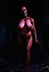 ai_generated areola areolae big_breasts breasts breasts_apart huge_breasts nipples red_body red_skin sagging_breasts skeleton skull skull_head teratophilia unknown_artist vein veiny veiny_breasts zombie zombie_girl