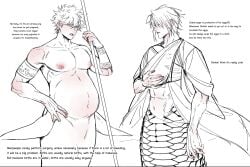 2boys alternate_species armlet big_penis blush body_blush dilf earthnattapat egg english_text gay gintama gintoki_sakata jewelry kimono male male_only male_pregnancy merfolk merman monochrome nipples pecs penis pregnant scales spot_color takasugi_shinsuke topless topless_male yaoi