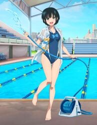 1girls bare_legs blue_eyes blue_hair botan_nagatsuki bow_tie breasts female hose looking_at_viewer medium_breasts one_piece_swimsuit pool school_swimsuit short_hair standing standing_on_one_leg wet_shirt
