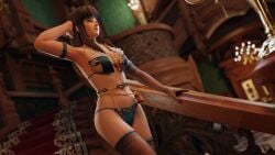 1girls 3d 3d_(artwork) 3d_model 3d_render armband asian asian_female blue_bra blue_eyes blue_panties brown_hair choker dead_or_alive elbow_gloves glove gloves highres hitomi_(doa) hourglass_figure lingerie lingerie_only long_hair mansion revealing_clothes runevv staircase stairs stockings thighhighs waist_chain