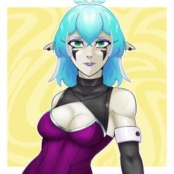 aza19 big_breasts breasts ear_piercing female green_eyes light_blue_hair lumire original_character tattoo