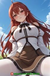 1girls ahq_hentai ai_generated big_breasts blouse eris_boreas_greyrat eris_greyrat female grass grass_field mushoku_tensei pantyhose patreon perfect_body pov sitting sitting_on_person skirt stable_diffusion