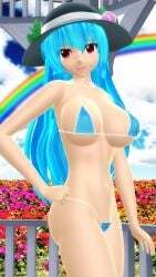 1girls 2025 3d angel belly_button bikini blue_bikini blue_hair_female blush breasts cleavage clouds flower garden hat hati_yukkuri_mmd headwear hips light-skinned_female light_blue_hair long_hair_female looking_at_viewer midriff mmd open_mouth outdoors peach_(fruit) rainbow red_eyes_female shy sideboob skimpy_bikini sky solo_female solo_focus swimsuit tenshi_hinanawi touhou waist