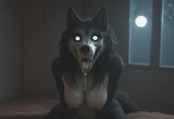 ai_generated anthro anthropomorphic beautiful bedroom big_breasts black_fur black_hair breasts breeding_request cum_dripping_from_mouth cum_in_mouth cum_on_breasts cumshot female fluffy_tail fur furry furry_only impregnation_request in_heat inviting_to_sex looking_at_viewer mal0 scp scp-1471 scp_foundation seductive seductive_look seductive_smile sexy sexy_body sexy_pose tits_out wet_pussy white_eyes wolf wolf_ears wolf_girl wolf_humanoid