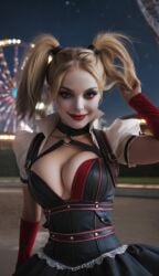 1female 1girls ai_generated amusement_park animated big_breasts blonde_hair bouncing_breasts breast_jiggle bursting_breasts cleavage clothed clothed_female clothing colored_hair corset dc dc_comics dress dyed_hair elbow_gloves female female_only harley_quinn jiggle jiggling_breasts lipstick multicolored_hair night photorealistic realistic red_lipstick solo solo_female stable_diffusion tagme twintails video walking