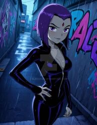 2025 ai_generated cartoon_network catsuit city_background dc_super_hero_girls dcau deviantart drawing elryusam evil_grin evil_smile grinning_at_viewer jewel_on_forehead looking_at_viewer meta not_porn orange_cheeks purple_eyes purple_hair rachel_roth rain raining raven_(dc) raven_(teen_titans) sky_background smile_at_viewer smiling_at_viewer teen_titans