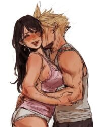 1boy 1girls armwear big_breasts black_hair blonde_hair blonde_hair_male blush breasts busty clothed clothed_female clothed_male cloud_strife couple dark_hair female final_fantasy final_fantasy_vii kissing kissing_neck large_breasts light-skinned_female light-skinned_male light_skin male medium_breasts panties square_enix strawderryst tagme tifa_lockhart underwear wholesome