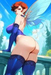 2d ai_generated ass ass_focus big_ass blue_leotard day fairy fairy_wings leotard looking_at_viewer outdoors pointy_ears shin_megami_tensei short_hair standing tagme thighhighs wings