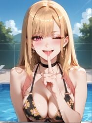;d ai_generated bangs bare_shoulders bikini black_bikini black_choker blonde_hair blue_sky blush breasts brokewyt choker cleavage collarbone colored_tips day ear_piercing earrings fake_nails female finger_to_mouth fingernails floral_print gradient_hair halterneck index_finger_raised jewelry kitagawa_marin large_breasts long_fingernails long_hair looking_at_viewer medium_breasts multicolored_hair nail_polish necklace o-ring o-ring_bikini one_eye_closed open_mouth outdoors partially_submerged piercing pink_hair pink_nails pool poolside print_bikini red_eyes shushing sky smile solo sono_bisque_doll_wa_koi_wo_suru string_bikini swept_bangs swimsuit teeth uncensored upper_body upper_teeth_only water wet