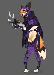 2024 4_toes 5_fingers accident accidental_exposure anthro armor balls barefoot biped black_body black_ears black_fur black_nose blush blush_lines broken_weapon canid canine claws cloak clothed clothing digital_media_(artwork) digitigrade ears_back embarrassed eyeliner feet femboy fingers foreskin fox fur futuristic_armor futuristic_gun genitals glans gun hair hair_over_eye half-erect hi_res hindpaw holding_object holding_weapon looking_at_viewer makeup male mammal mascara no_underwear orange_body orange_fur orange_hair paws penis pivoted_ears pockets purple_armor purple_cloak purple_clothing railgun ranged_weapon roone_(rvnatics) roonefox shocked solo spiral_eyes squiggle_mouth tan_body tan_fur toe_claws toes torn_clothing wardrobe_malfunction weapon white_balls white_body white_claws white_fur wide_eyed yellow_penis