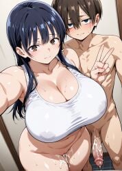 1boy 1boy1girl 1girls after_sex after_vaginal ai_generated ass bathroom black_hair blue_eyes blush boku_no_kokoro_no_yabai_yatsu brown_eyes brown_hair couple couple_(romantic) couple_love cum cum_in_pussy cum_inside curvy female female_focus huge_breasts huge_cock ichikawa_kyoutarou long_hair looking_at_viewer male male/female mature_female nervous nude nude_male penis selfie shy smaller_male sports_bra taller_female taller_girl thick_thighs v_sign vaginal_penetration yamada_anna