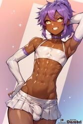 1boy abs abstract_background absurd_res ai_generated armpits arms_behind_head arms_up bleach bra collar cute darabri dark-skinned_male dark_skin detached_sleeves femboy feminine_male gay girly logo male miniskirt muscular muscular_male one_arm_up otoko_no_ko patreon patreon_logo ponytail purple_hair shihouin_yuushirou skirt slutty_clothes solo trap yaoi yellow_eyes